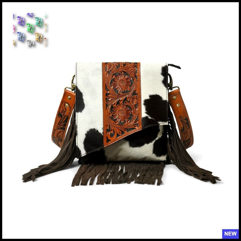 Western Handcrafted Hair-On Cowhide Leather Crossbody Bag Floral Tooled Fringes